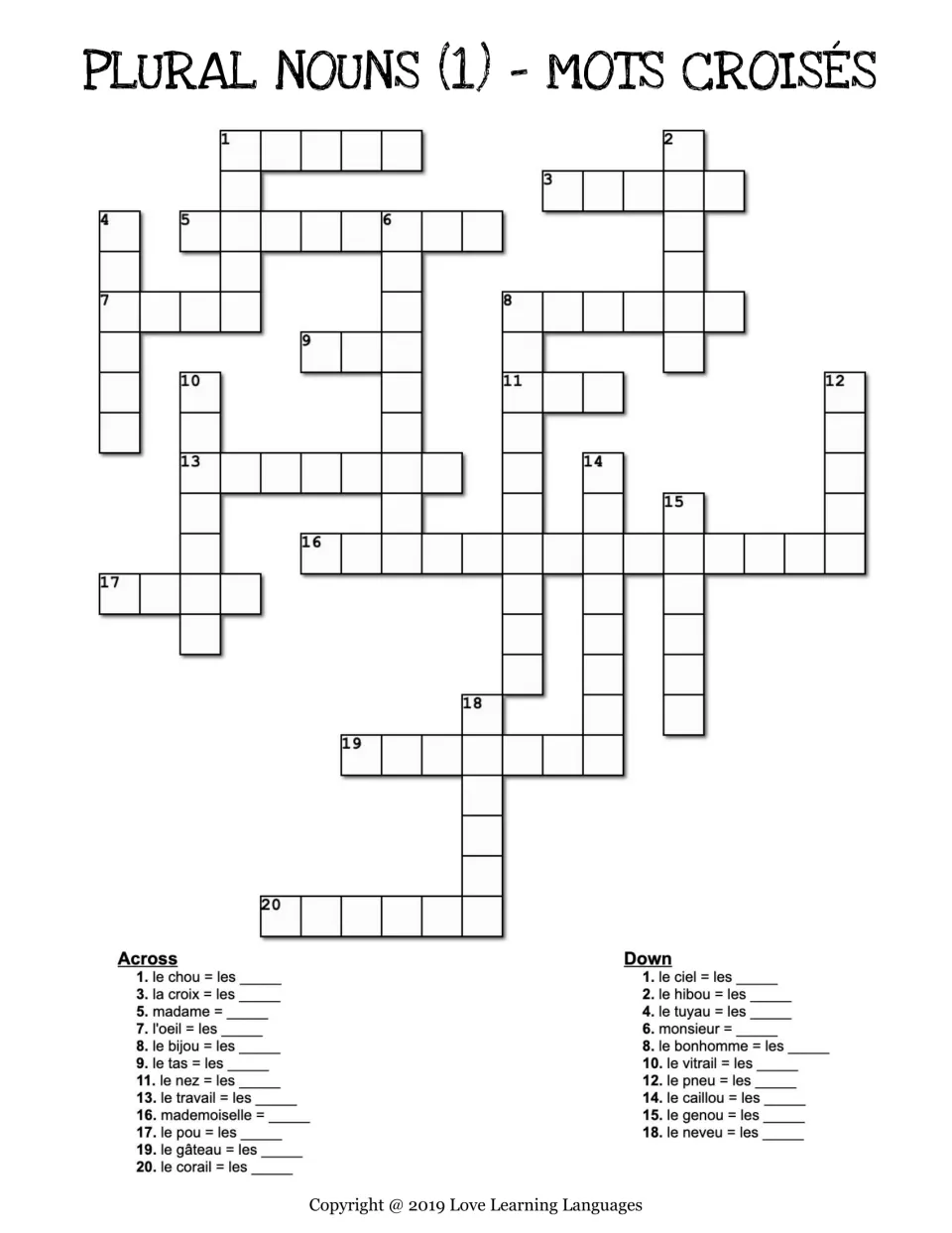 French plural noun crossword 1: 22 singular clues, including chou (cabbage), croix (cross), and œil (eye)