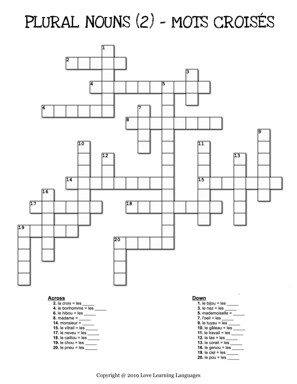 French plural noun crossword 2: 22 singular clues, including bijou (jewel), nez (nose), and hibou (owl)