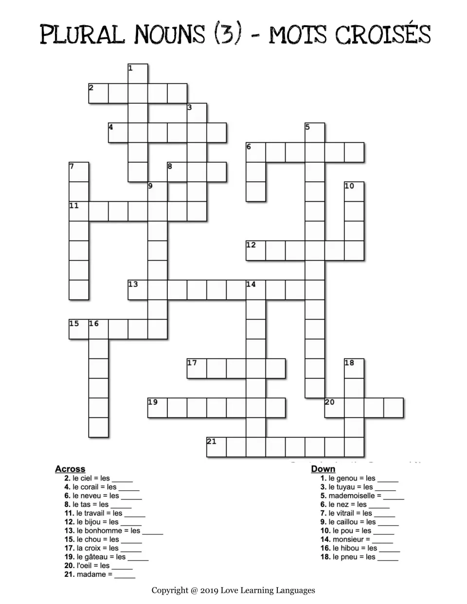 French plural noun crossword 3: 22 singular clues, including genou (knee), neveu (nephew), and pneu (tire)