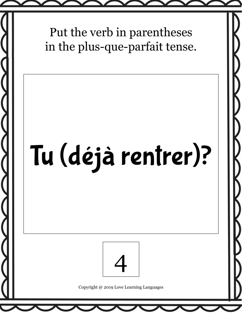 Plus-que-parfait card 4: students form a question with déjà and rentrer in "Tu (déjà rentrer)?" using être agreement