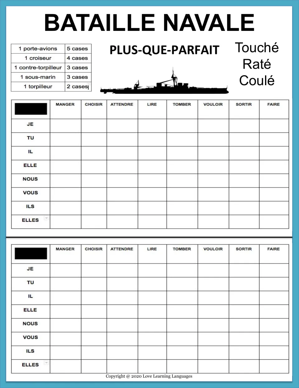 Plus-que-parfait battleship board: players conjugate manger, choisir, attendre, lire, faire and more for je to elles