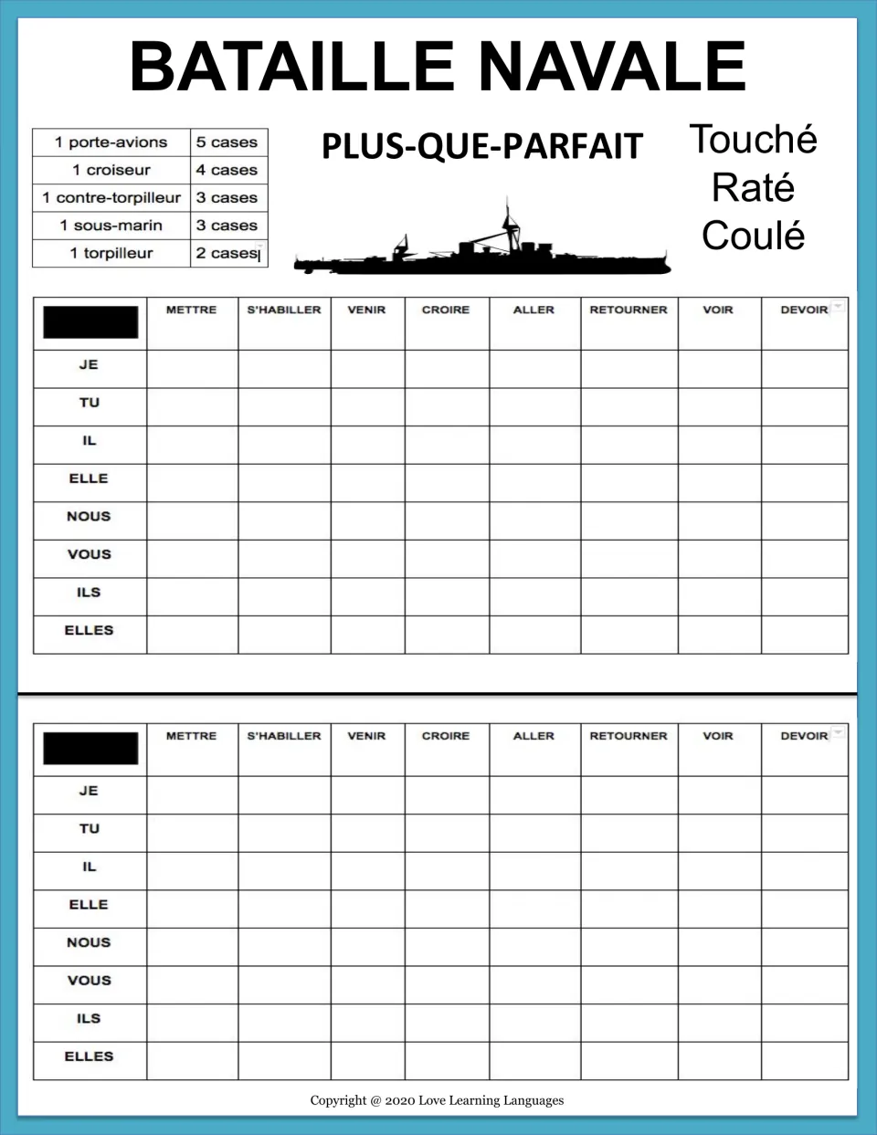 Plus-que-parfait battleship board with mettre, s'habiller, venir, croire, aller, retourner, voir and devoir by pronoun