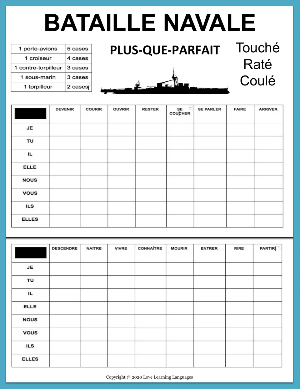 Plus-que-parfait battleship: top board uses devenir, courir, ouvrir, rester and se coucher; bottom repeats descendre set