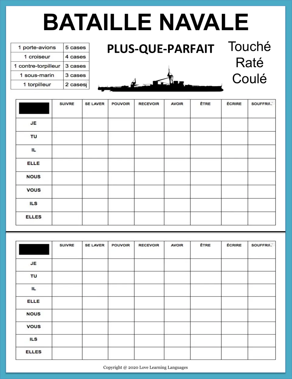 Pluperfect battleship with être and avoir: students conjugate suivre, se laver, pouvoir, recevoir, écrire and souffrir