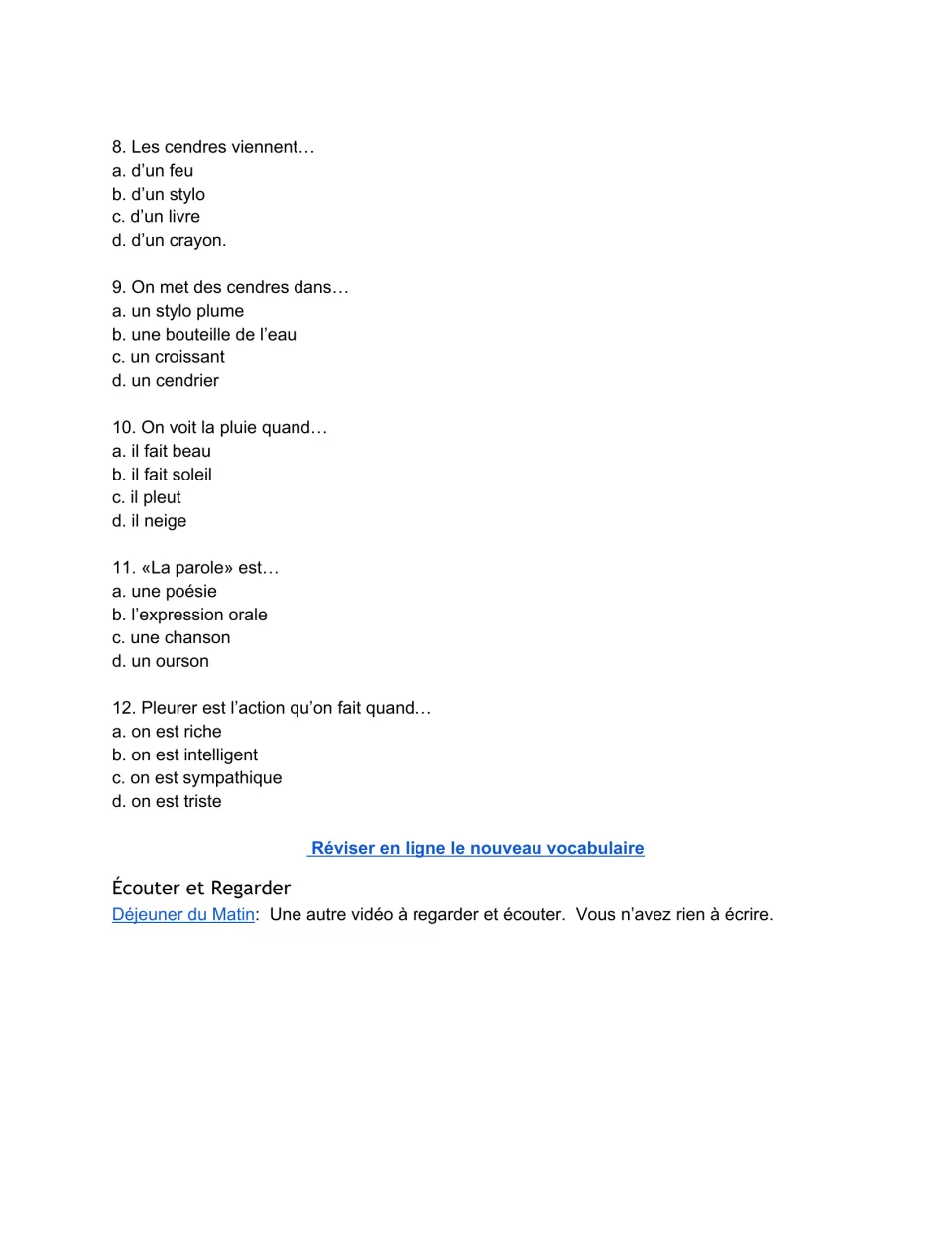 Vocabulary items 8-12 on cendres, cendrier, pluie, parole and pleurer, plus an online review link and a second poem video