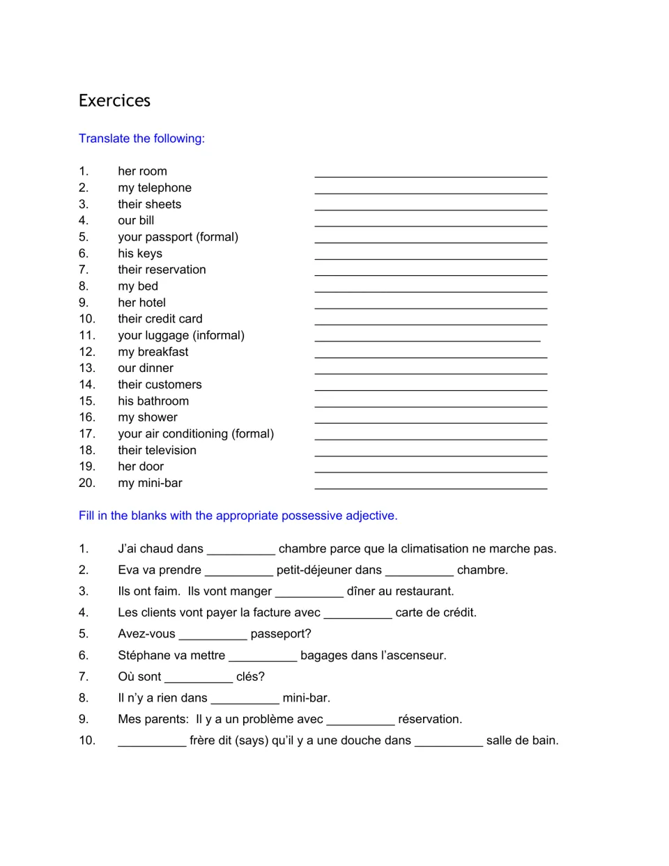 Hotel-themed practice: translate 20 phrases like her room into French, then fill 10 sentence blanks with possessives
