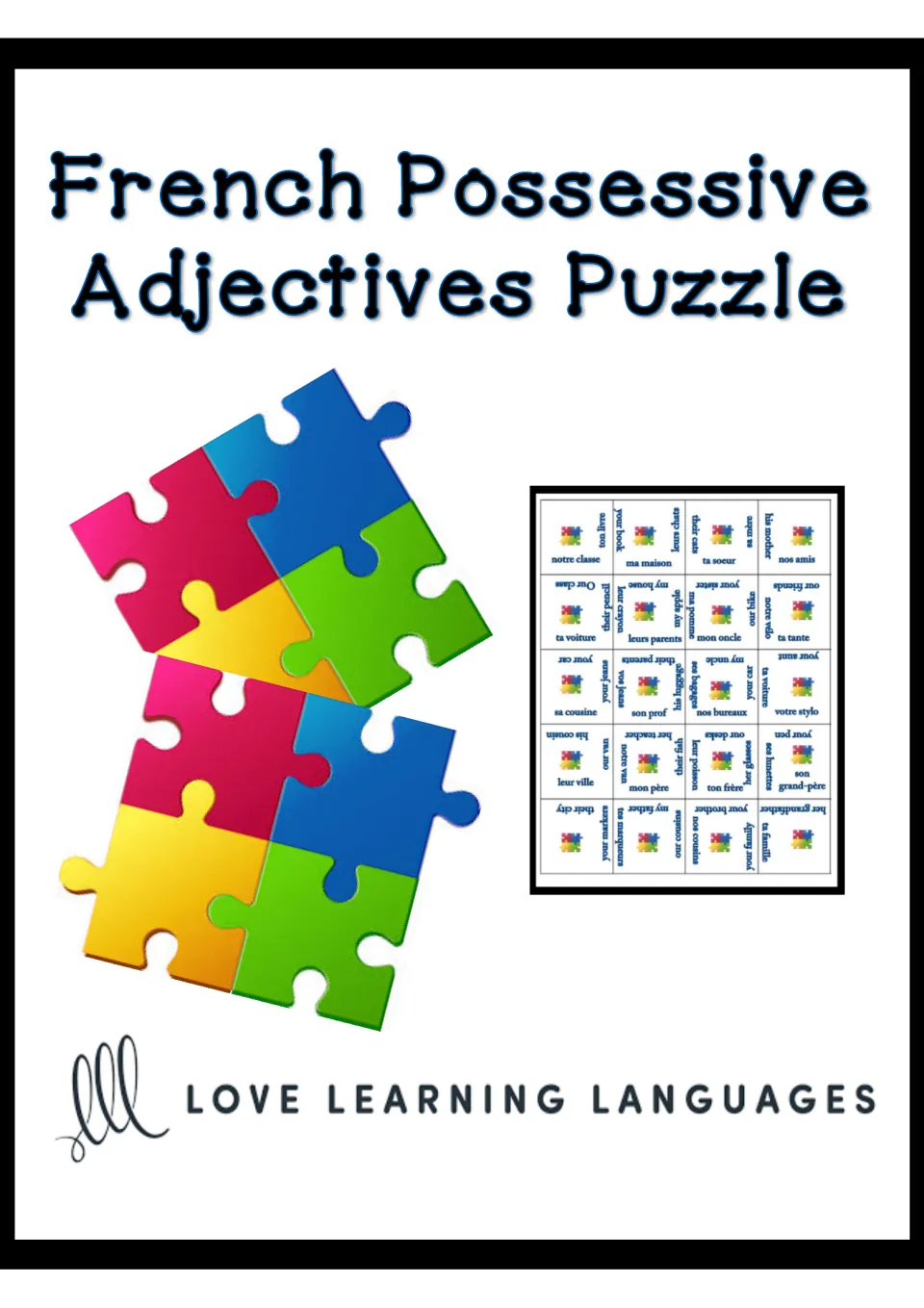 Cover of the French possessive adjectives puzzle, showing the activity heading and a small puzzle sample.