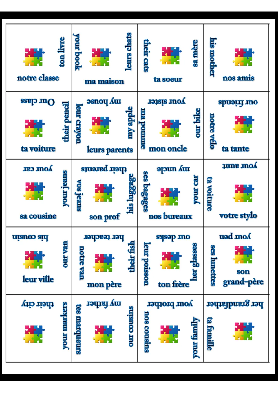 Cut-apart sheet of 20 puzzle pieces matching French and English phrases, including ma maison (my house).