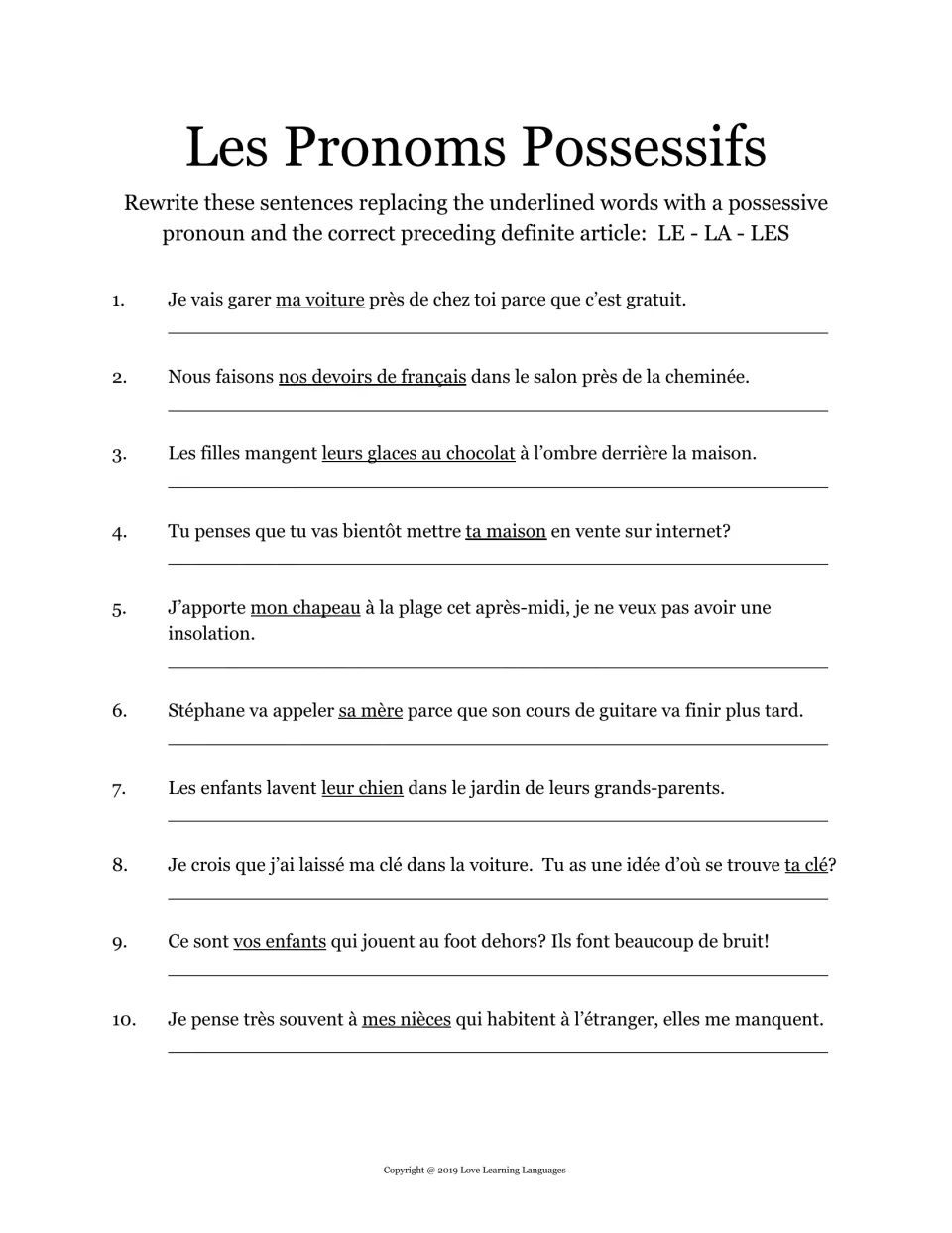 French possessive pronoun practice: 10 sentences replacing phrases such as ma voiture (my car) and ta maison