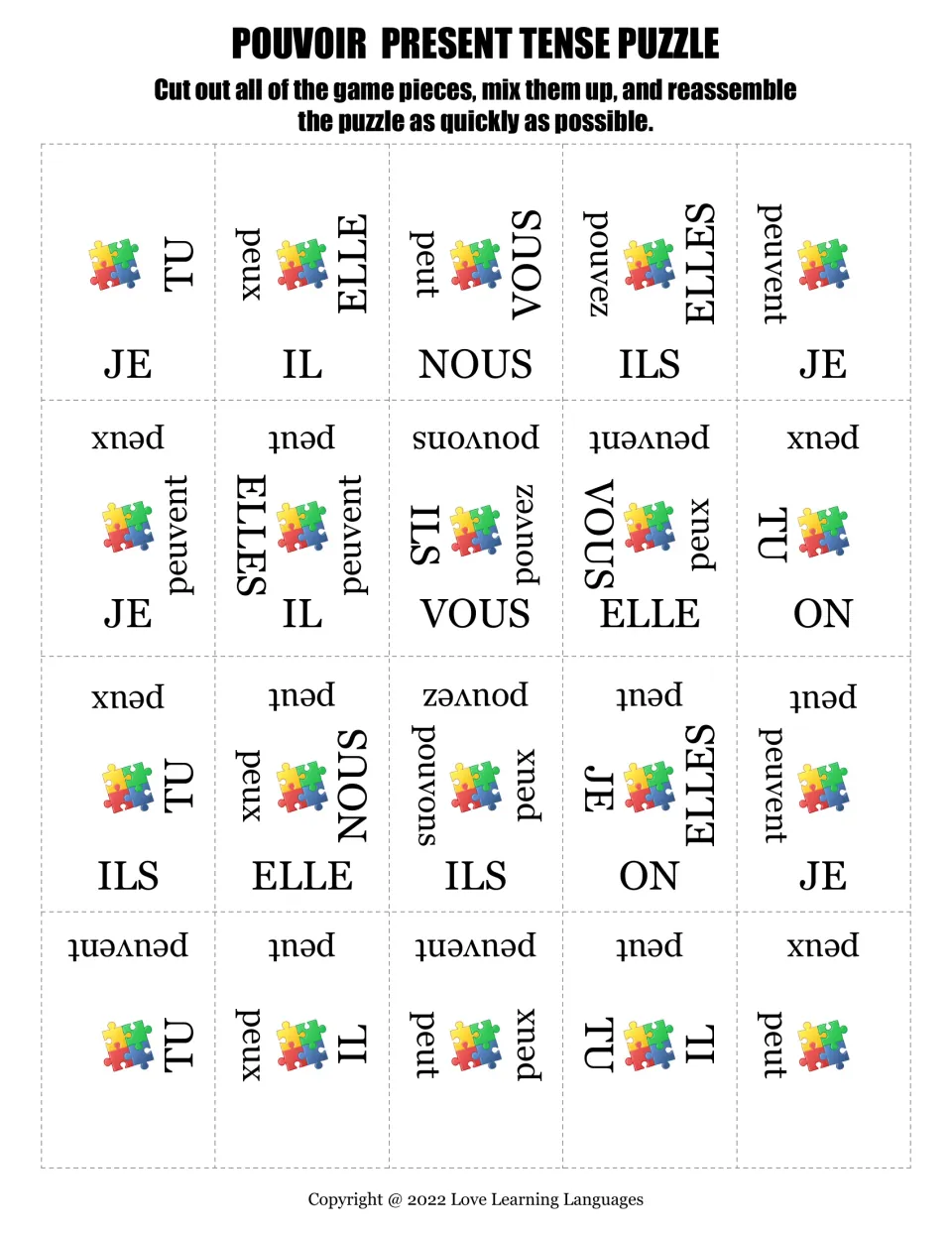 French pouvoir (can) puzzle: 20 cut-out pieces with subject pronouns and peux, peut, pouvons, pouvez, peuvent