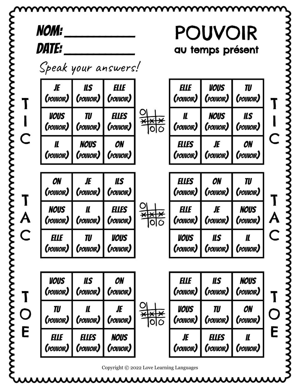 Speaking practice: six tic-tac-toe games using present-tense pouvoir (can) with je, tu, il and more.