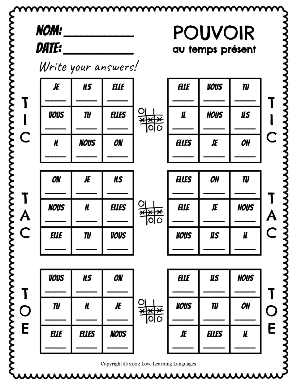 Writing practice: six tic-tac-toe games using present-tense pouvoir (can) with nous, vous, ils and more.