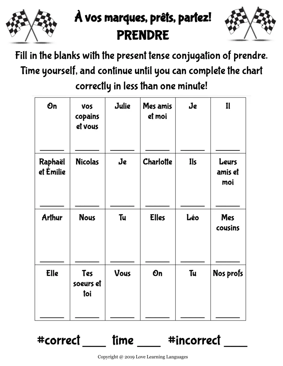 Timed French prendre (to take) practice: write present tense forms for 24 subjects, including on, Julie and je