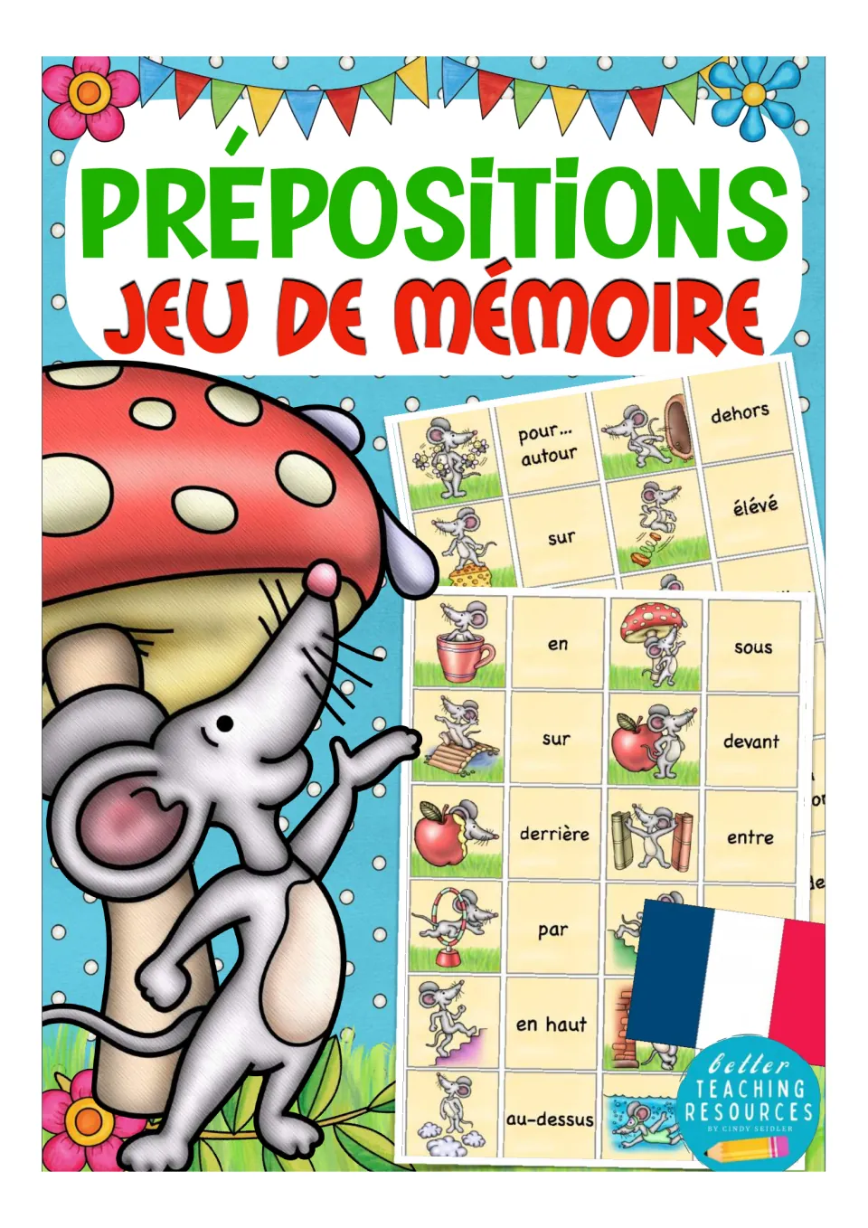 French memory game cover titled “Prépositions: Jeu de mémoire,” showing sample picture-and-word cards.