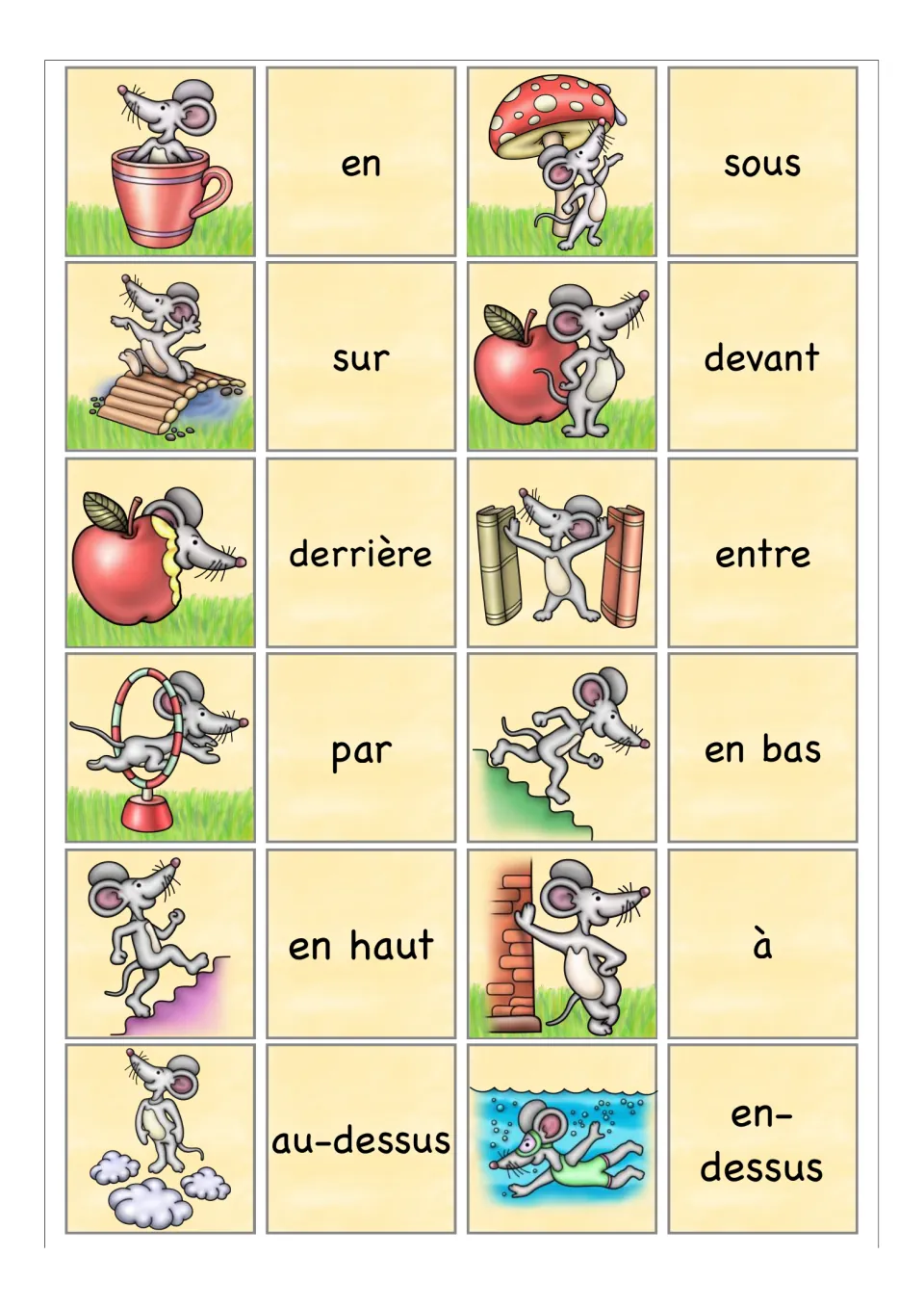 First 12 memory-game pairs: en (in), sous (under), devant (in front of) and nine more, with pictures.