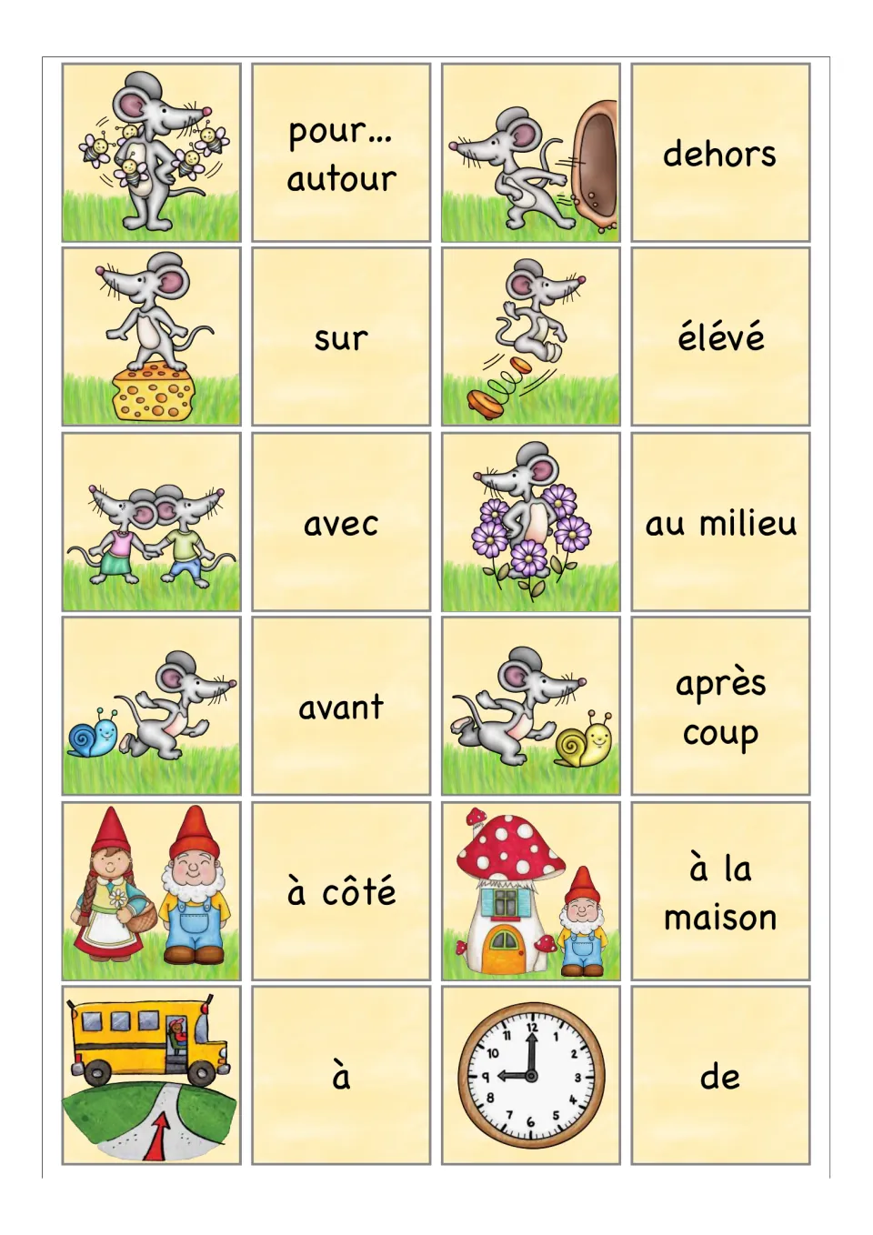 Final 12 memory-game pairs: dehors (outside), avec (with), à côté (beside) and nine more, with pictures.