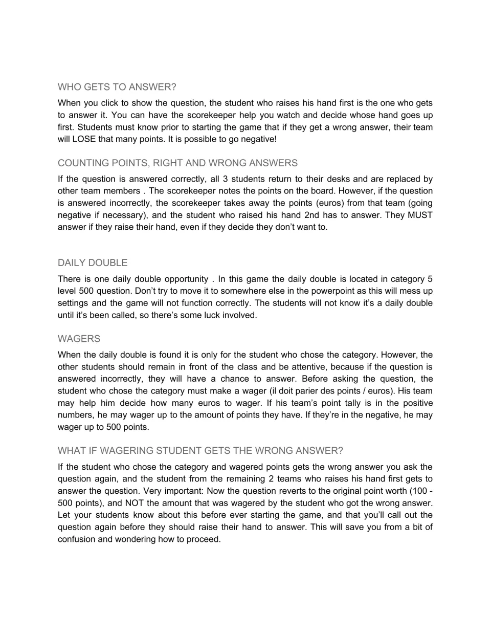Jeopardy rules for hand-raising, scoring in euros, losing points on wrong answers, the category 5 Daily Double and wagers