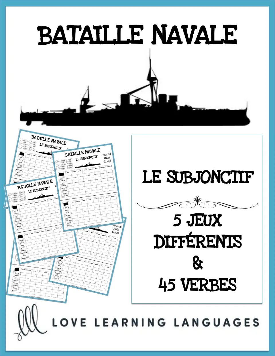 Bataille Navale, Le Subjonctif cover: battleship game sheets shown with the note 5 jeux différents and 45 verbes