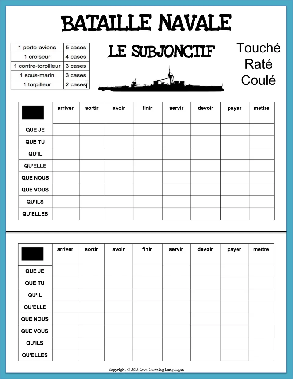Subjunctive game 1: players call squares by conjugating arriver, sortir, avoir, finir, servir, devoir, payer and mettre