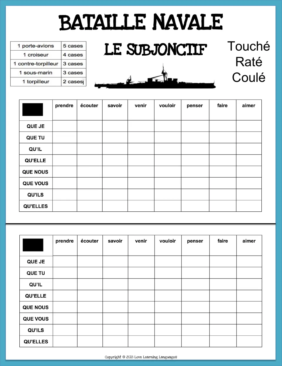Subjunctive game 3: hit a ship by giving the form of prendre, écouter, savoir, venir, vouloir, penser, faire or aimer