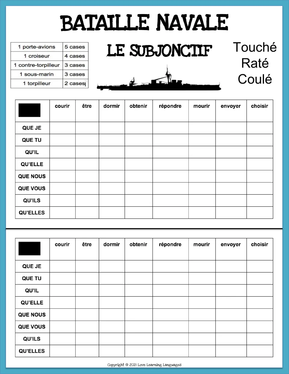 Subjunctive game 4: pronoun-verb squares for courir, être, dormir, obtenir, répondre, mourir, envoyer and choisir