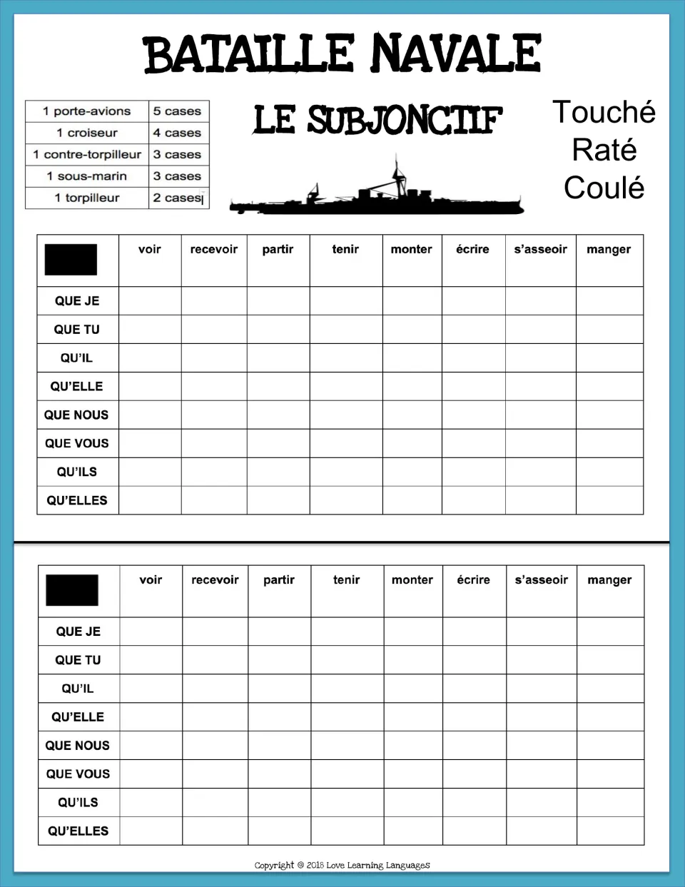 Subjunctive game 5: players conjugate voir, recevoir, partir, tenir, monter, écrire, s'asseoir and manger to sink ships