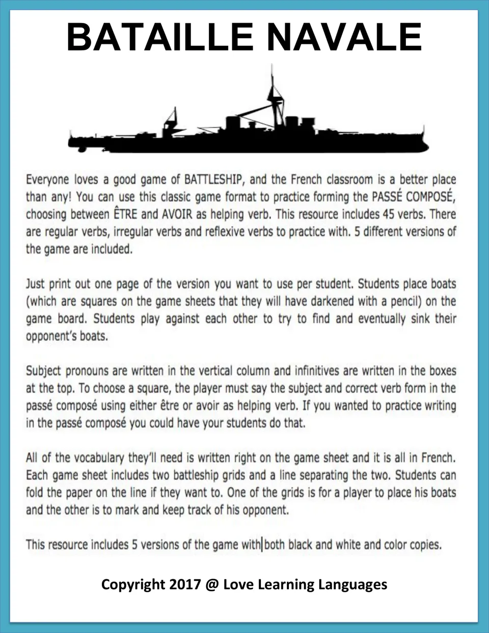 Bataille Navale teacher directions: print one sheet per student, mark boats, call squares; the text mentions passé composé