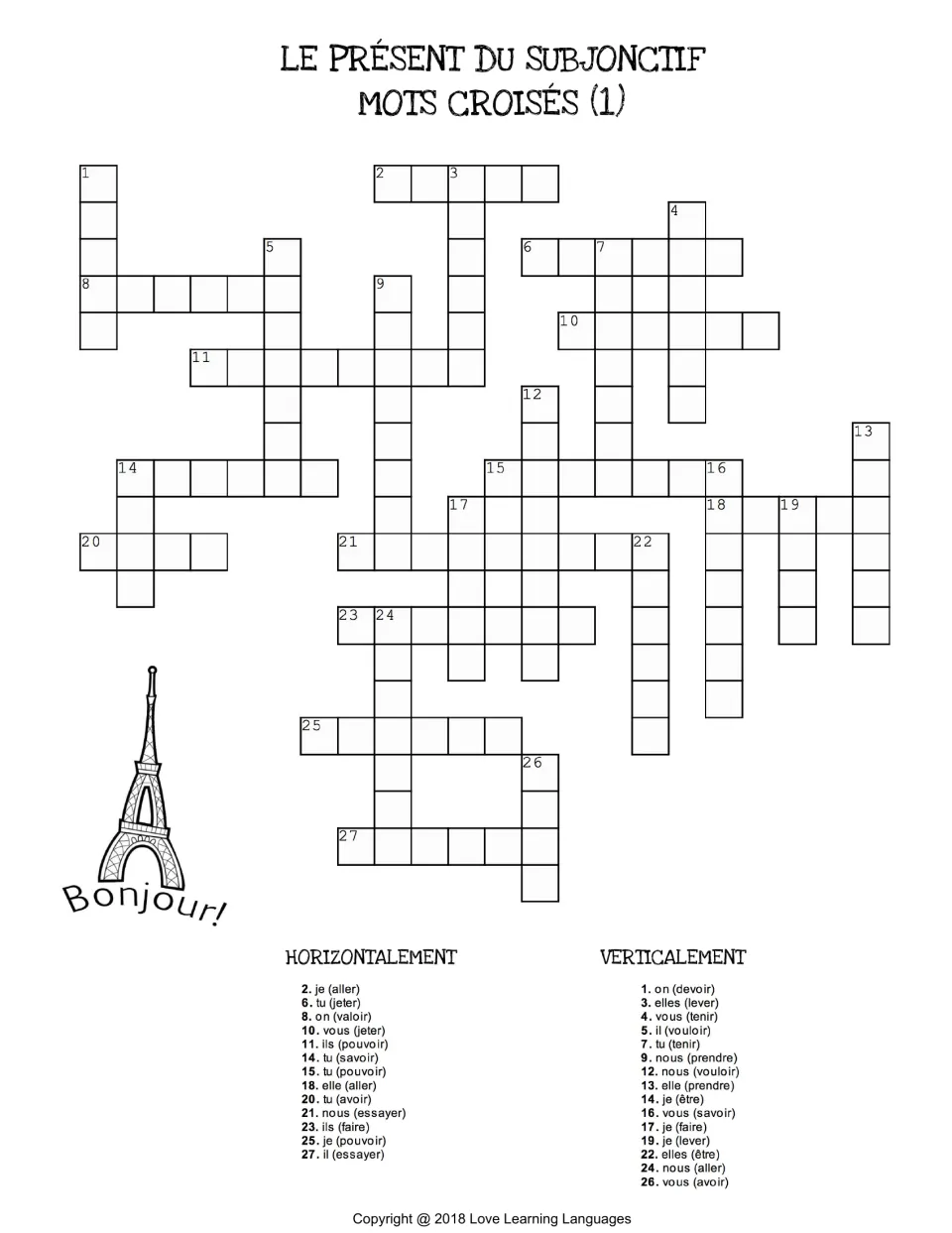 French present subjunctive crossword 1: clues include je (aller), tu (jeter), and on (valoir).