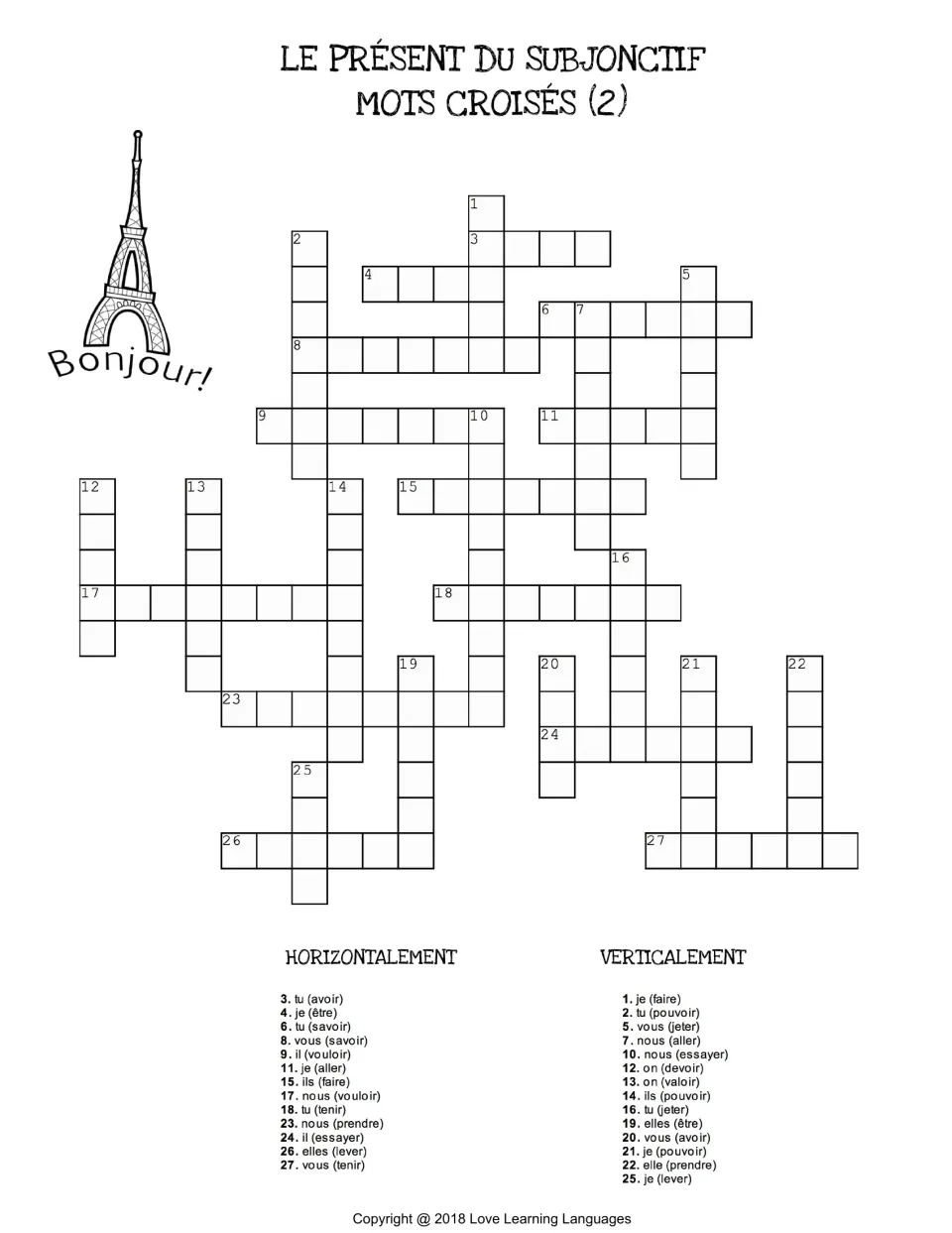 French present subjunctive crossword 2: clues include tu (avoir), je (être), and tu (savoir).