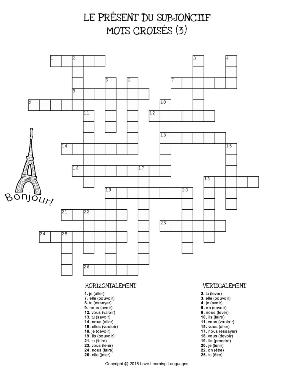 French present subjunctive crossword 3: clues include je (aller), elle (pouvoir), and tu (essayer).