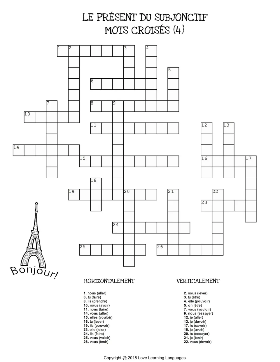 French present subjunctive crossword 4: clues include nous (aller), tu (faire), and ils (prendre).