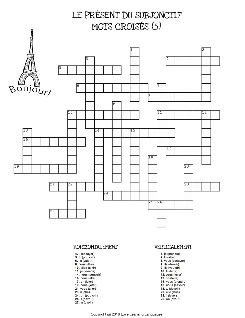 French present subjunctive crossword 5: clues include il (essayer), tu (pouvoir), and ils (valoir).
