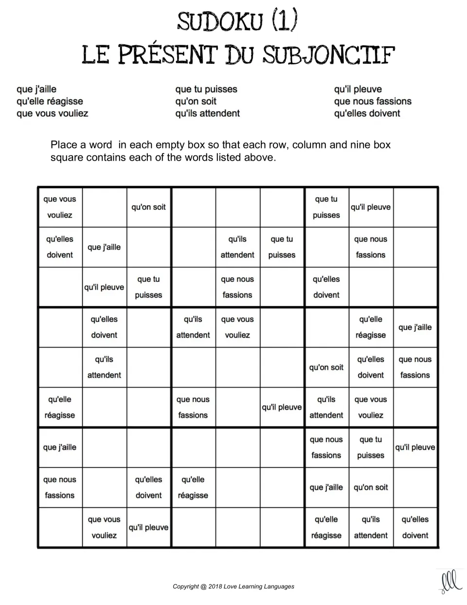 Sudoku 1 puzzle: place nine subjunctive forms like que j'aille, qu'on soit and qu'il pleuve in each row and column