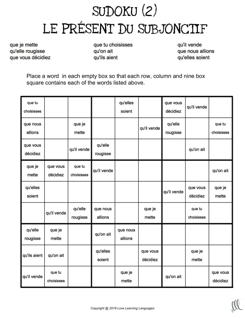 Sudoku 2 puzzle: place nine forms like que je mette, qu'on ait and qu'elles soient in each row and column
