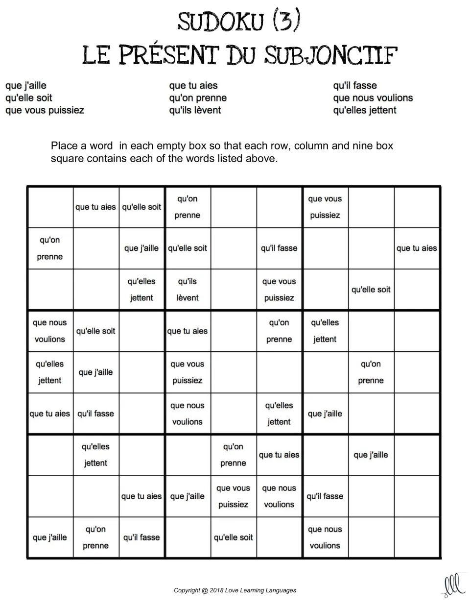 Sudoku 3 puzzle: nine forms such as qu'il fasse, qu'ils lèvent and que vous puissiez go in each row and column