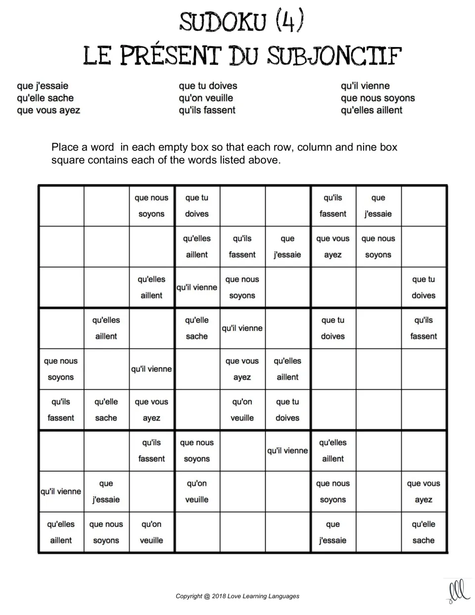 Sudoku 4 puzzle: nine forms such as que j'essaie, qu'elle sache and qu'on veuille go in each row and column