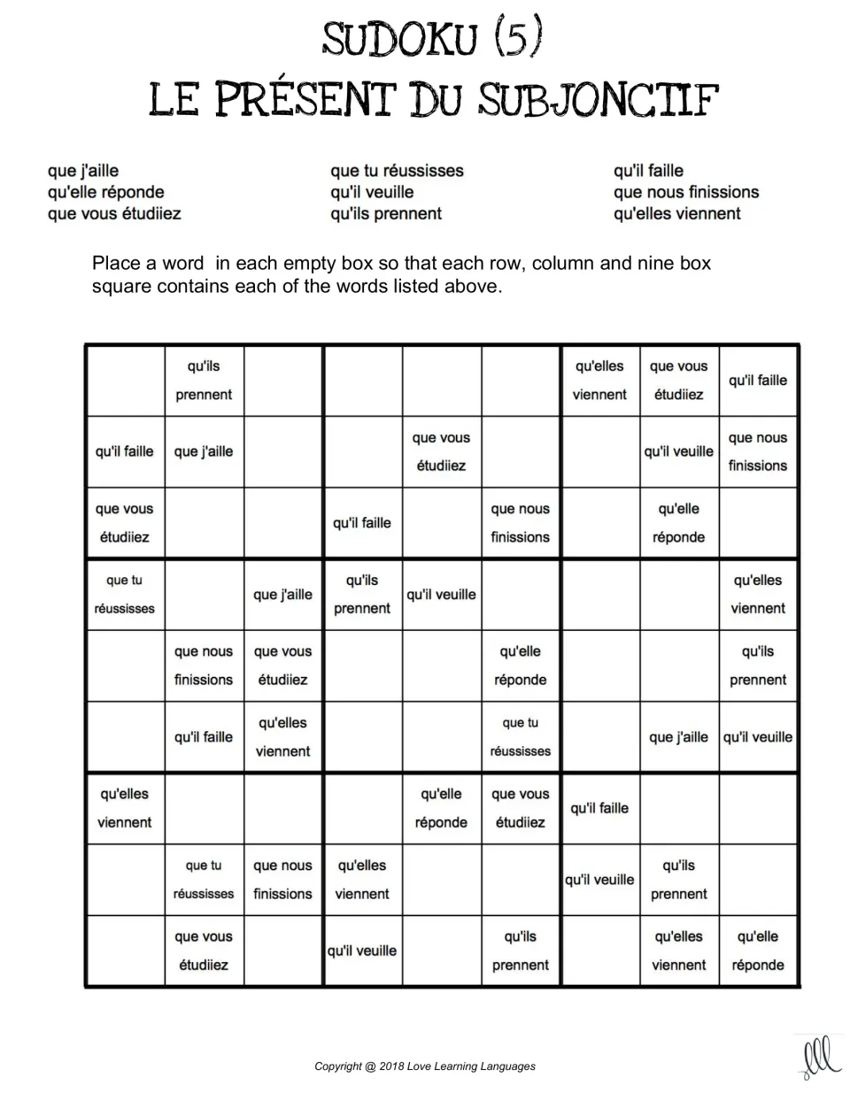 Sudoku 5 puzzle: nine forms such as que tu réussisses, qu'il faille and que vous étudiiez go in each row and column