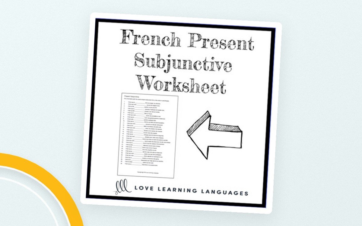 French Present Subjunctive Worksheet cover showing the fill-in-the-blank verb page beneath a large outlined arrow.