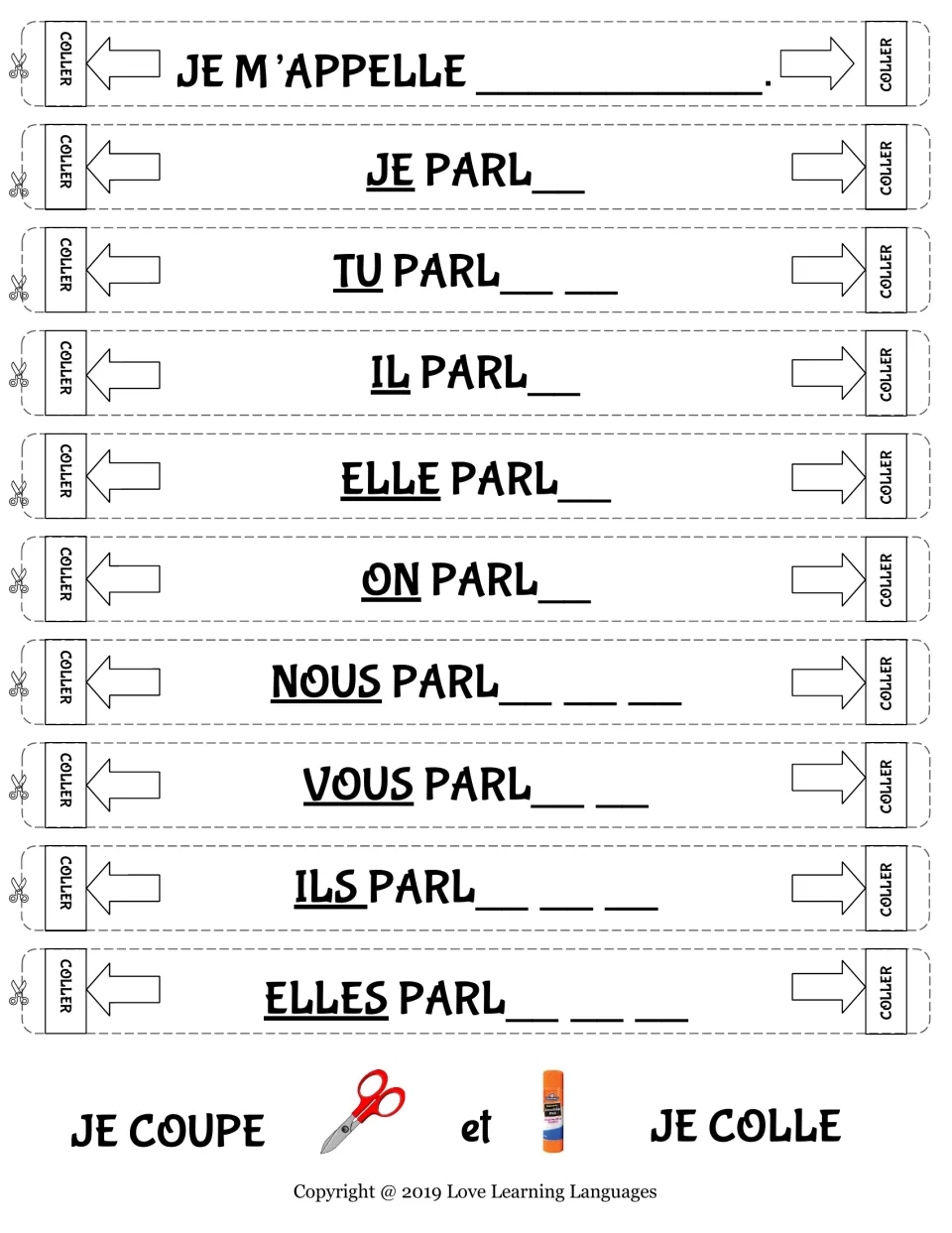 Parler in the present tense: students cut out chain strips and add the missing endings from je to elles