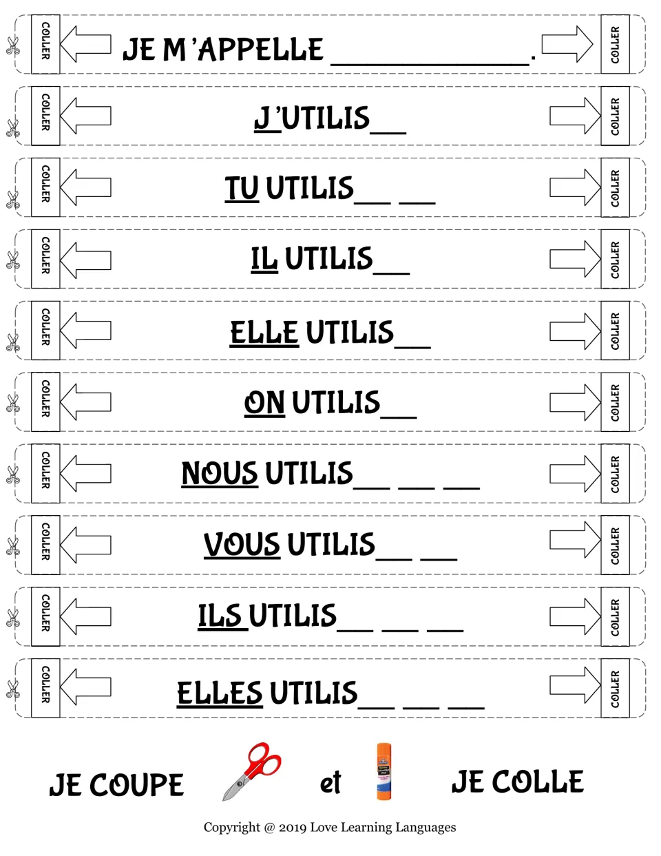 Utiliser in the present tense: students cut out chain strips and add the missing endings from j'utilis to elles