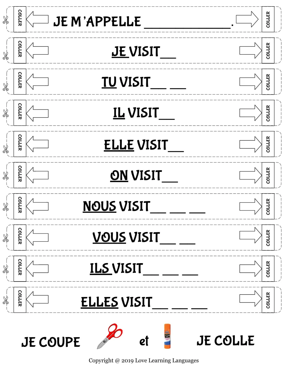 Visiter in the present tense: students cut out chain strips and add the missing endings from je to elles