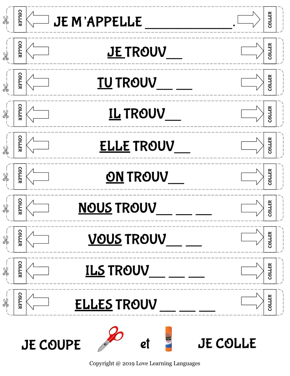 Trouver in the present tense: students cut out chain strips and add the missing endings from je to elles