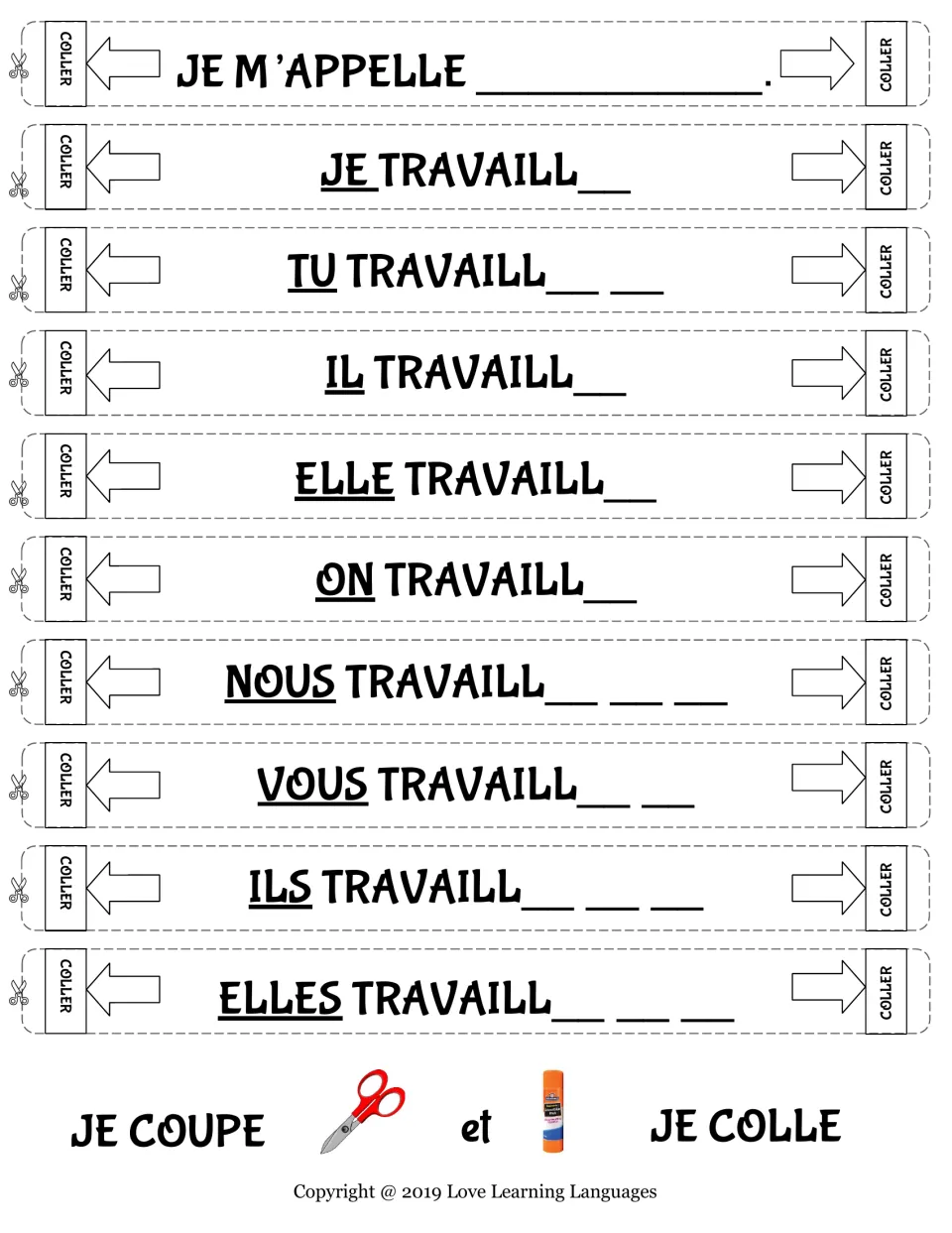Travailler in the present tense: students cut out chain strips and add the missing endings from je to elles
