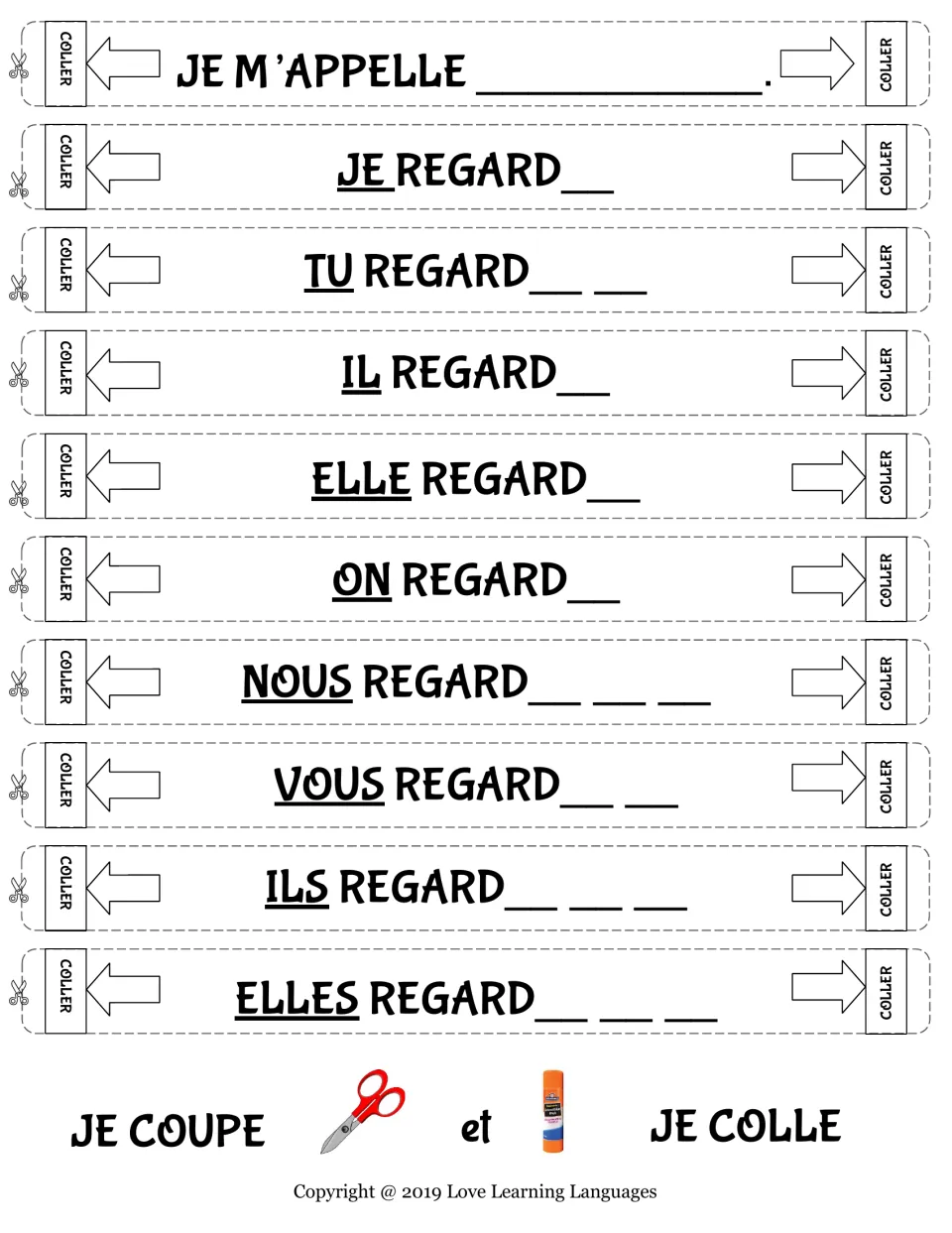 Regarder in the present tense: students cut out chain strips and add the missing endings from je to elles