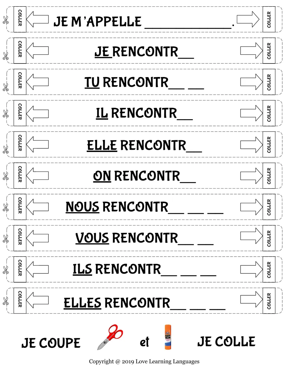 Rencontrer in the present tense: students cut out chain strips and add the missing endings from je to elles
