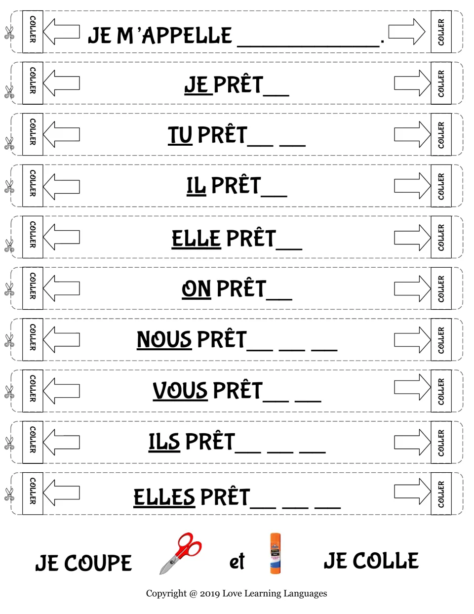 Prêter in the present tense: students cut out chain strips and add the missing endings from je to elles