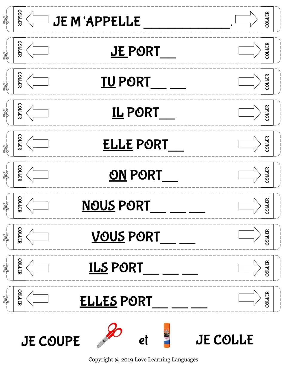 Porter in the present tense: students cut out chain strips and add the missing endings from je to elles
