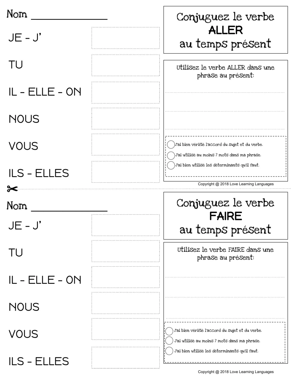 Aller and faire present-tense conjugation: students fill in forms from je to ils/elles and use the verb in a sentence