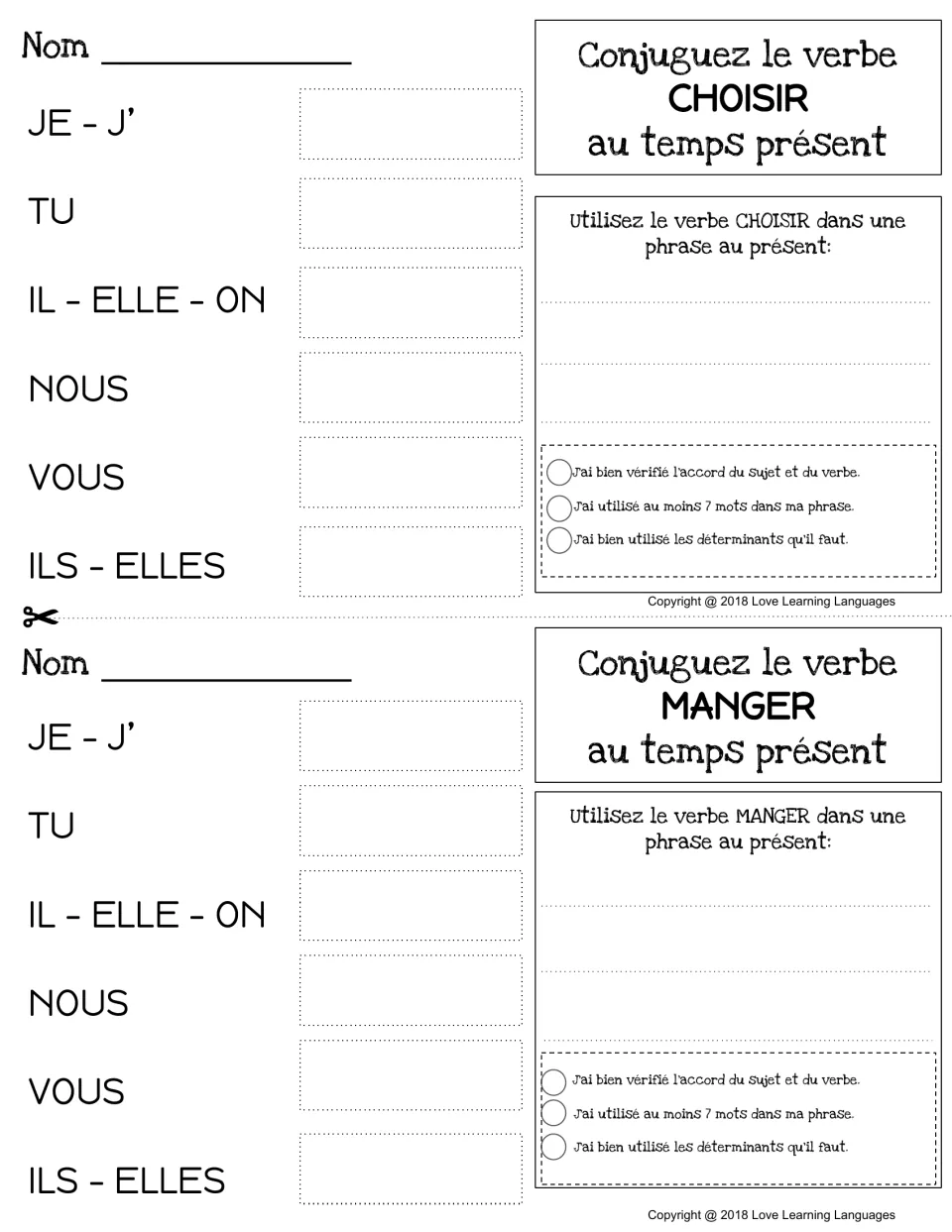 Choisir and manger present-tense practice: students write all six forms of each verb and a sentence checked for agreement