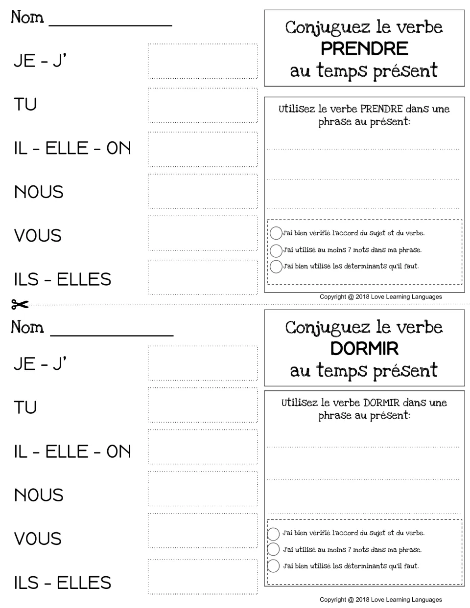 Prendre and dormir present-tense forms: students conjugate both verbs, write a sentence and tick a self-check list